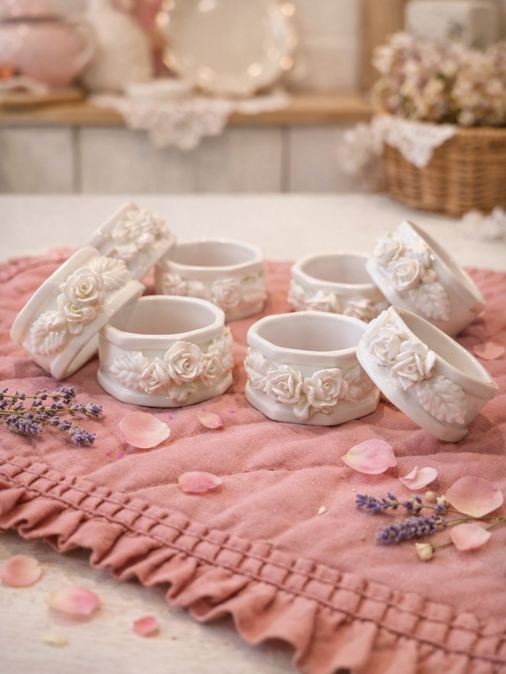 Set of 8 White Porcelain Rose Napkin Rings